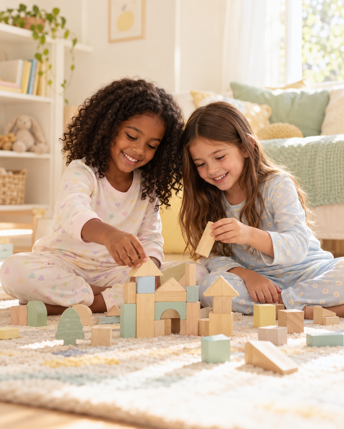 Duas meninas de diferentes tons de pele brincando juntas com blocos em um quarto iluminado